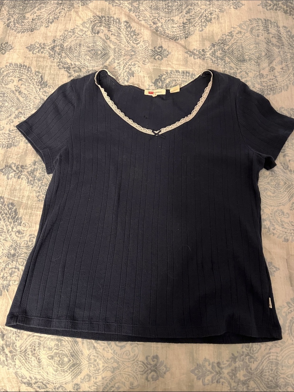 Levi's Navy Short-Sleeve V-Neck Top with White Lace Trim